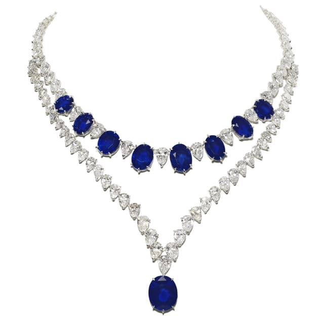 Sapphire and Diamond Halo Pendant Necklace in 18K White Gold